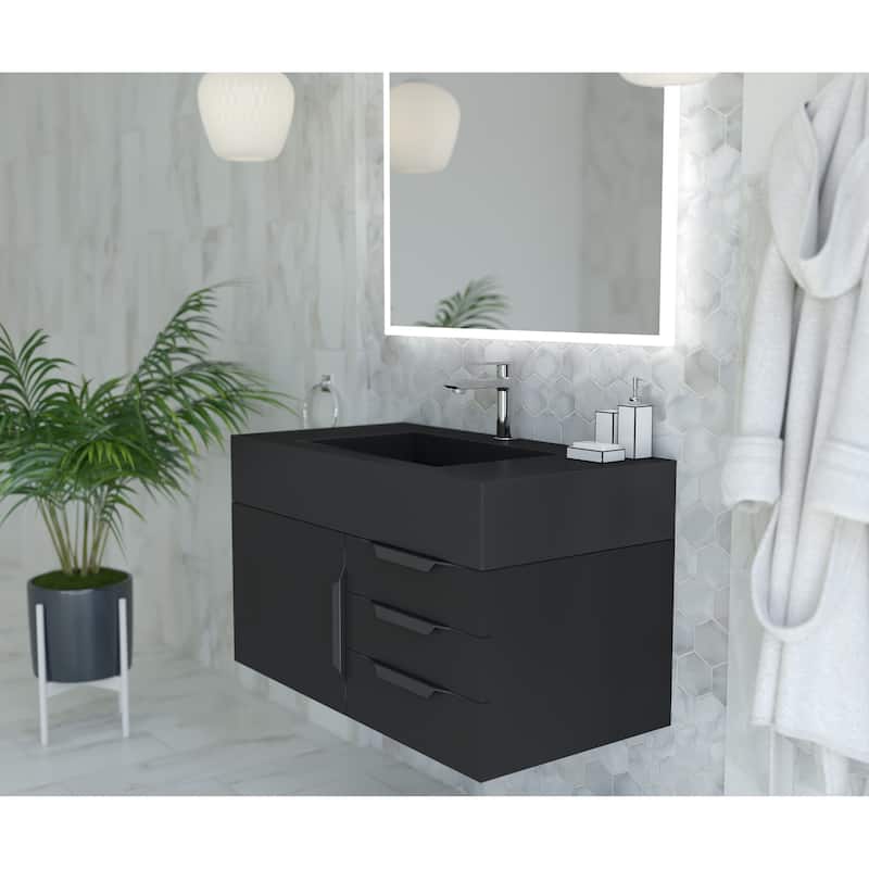 Nile 36" Wall Mounted Bathroom Vanity Set w/ Black Top
