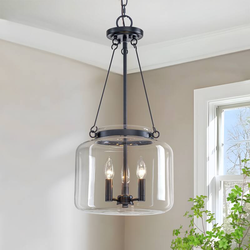 Starsky 3-Light Lantern Drum Chandelier with Thick Clear Glass Shade - Black