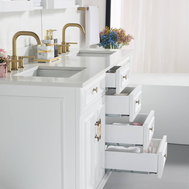 35'' H Solid Wood Bath Vanity with Stain-resistant Carrera White Quartz Top and Double Sink