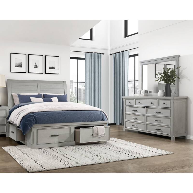 3pc Bedroom Furniture Set Gray Finish Platform Bed Dresser Mirror