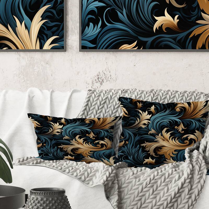 Designart "Damask Black And Golden Calligraphy Flourishes" Damask Printed Throw Pillow