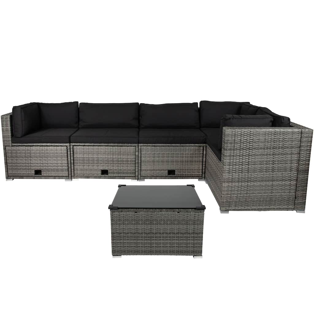 Taupe Outdoor Wicker Lounge Sectional Set with Coffee Table and Glass Top