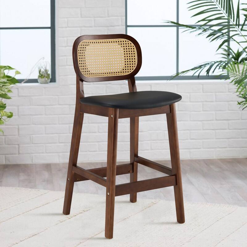 Wood Upholstered Counter Height Bar Stools with Rattan Back - 36.81"H x 17.72"W x 18.7"D