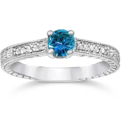 1/2ct Blue & White Diamond Vintage Engagement Ring White Gold