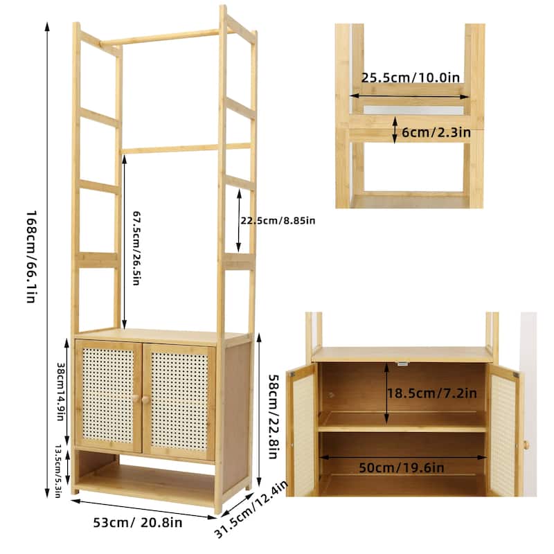 Bamboo Garment Rack with Clothes Rail Storage Organiser Freestanding - 21" x 13" x 66"