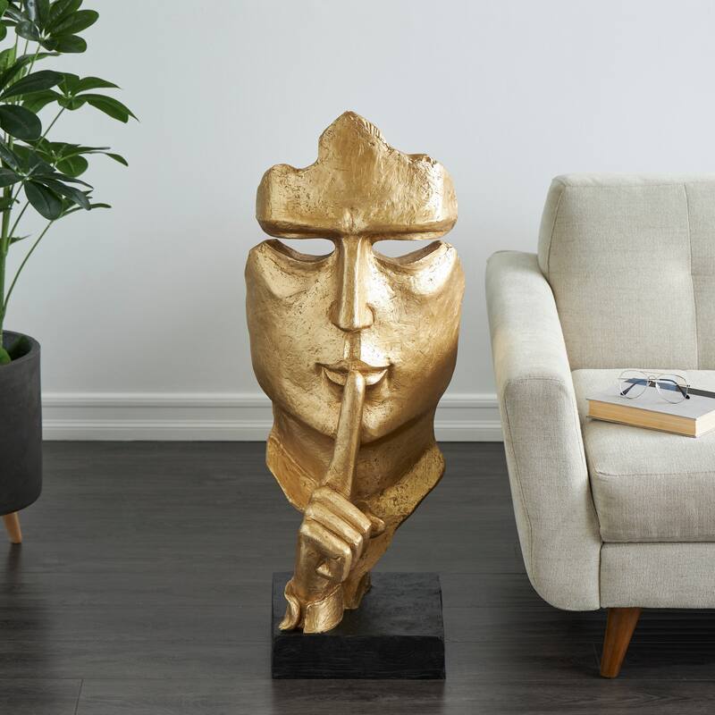 Gold Polystone Large Cutout Quiet Gesture Face People Decorative Sculpture with Black Base - Gold