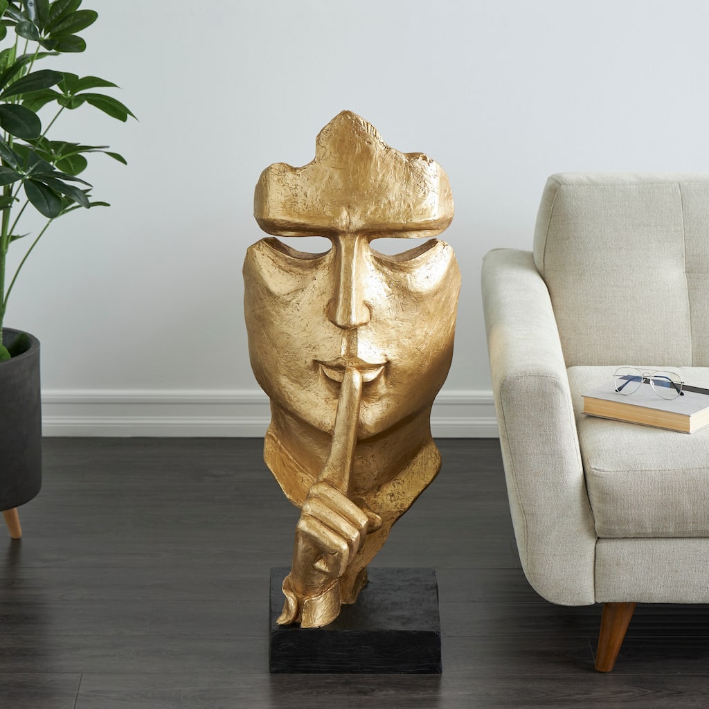 Gold Polystone Large Cutout Quiet Gesture Face People Decorative Sculpture with Black Base