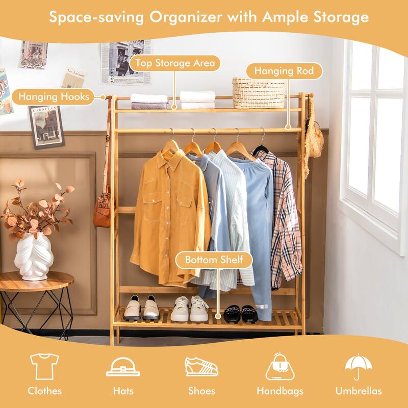 3Tier Bamboo Clothing Rack Freestanding Clothes Organizer with Shelves