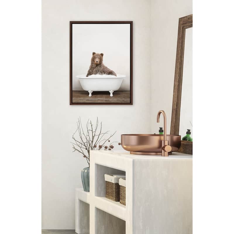 Kate and Laurel Bear Rustic Bubble Bath Framed Canvas by Amy Peterson
