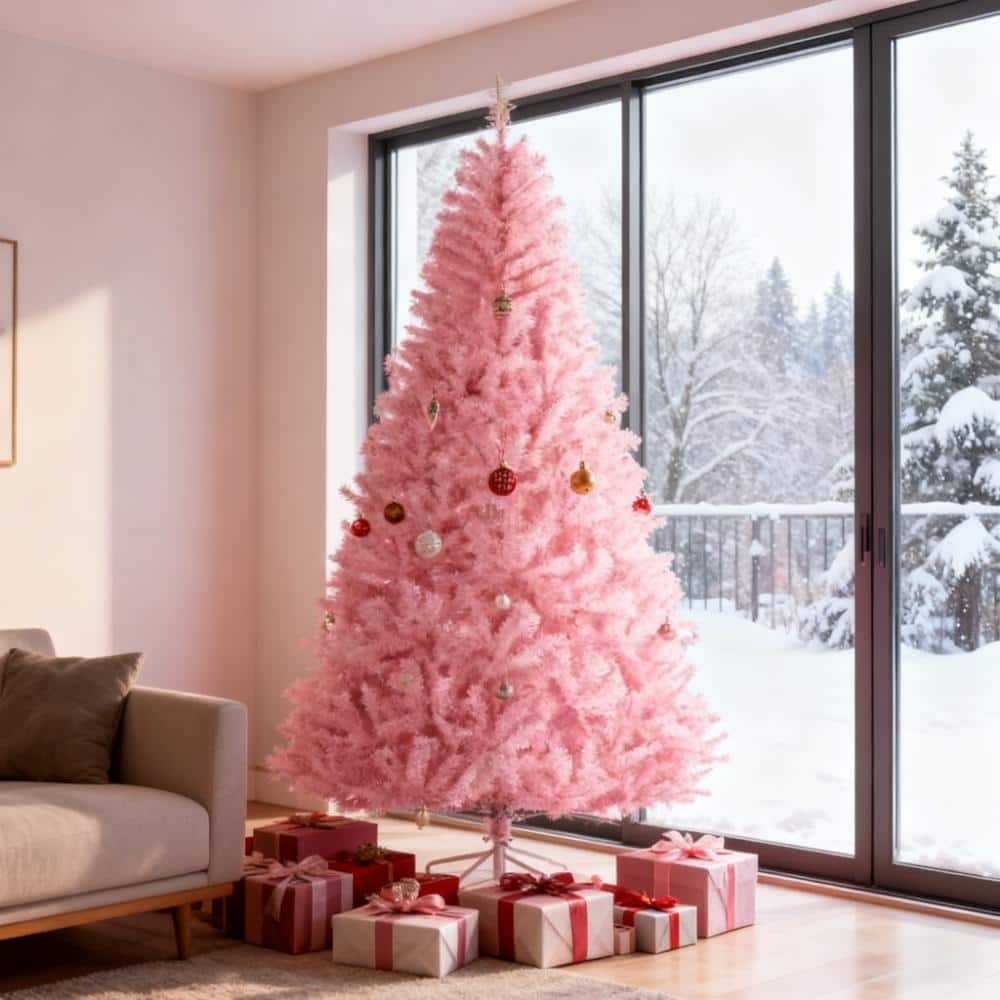 Pink Artificial Christmas Tree - Auto Open, Steel Base, Wide Shape, Indoor Decor