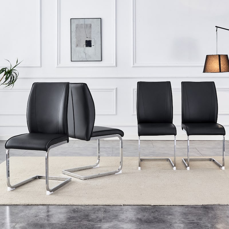 Luxury Arch Chair Set of 4 PU High Resilience Dining Chair with Arched Metal Silver Leg Indoor Guest Chairs - Black+Silver