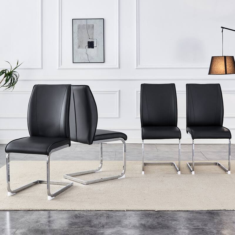 Luxury Simple Arch Chair - Set of 2 PU Material High Resilience Dining Chair with Arched Metal Leg - Black+Silver