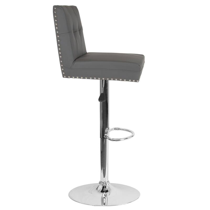 Adjustable Height Tufted Back Barstool w/Accent Nail Trim in Gray LeatherSoft - 17.5"W x 20"D x 38" - 46.5"H