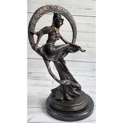 Girl Sitting On The Moon Bronze Statue Sculpture Art Deco Nouveau 17 Inches X 10 Inches