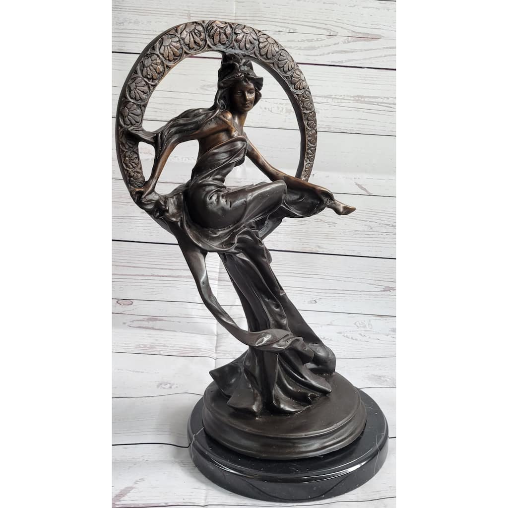 Girl Sitting On The Moon Bronze Statue Sculpture Art Deco Nouveau 17 Inches X 10 Inches