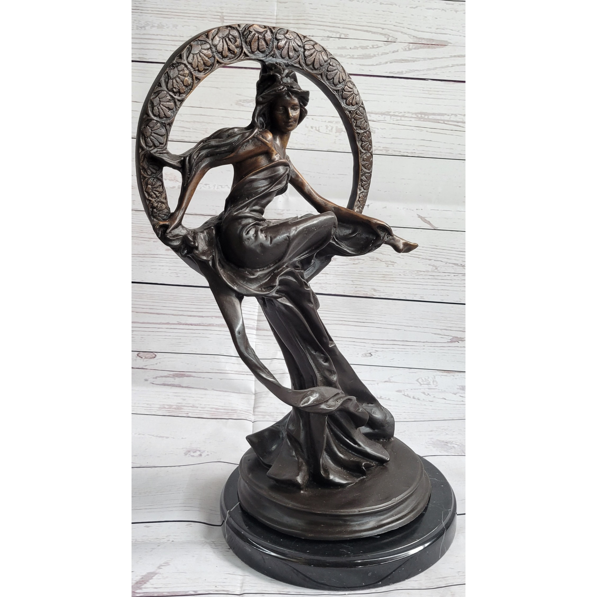 Girl Sitting On The Moon Bronze Statue Sculpture Art Deco Nouveau 17 Inches X 10 Inches