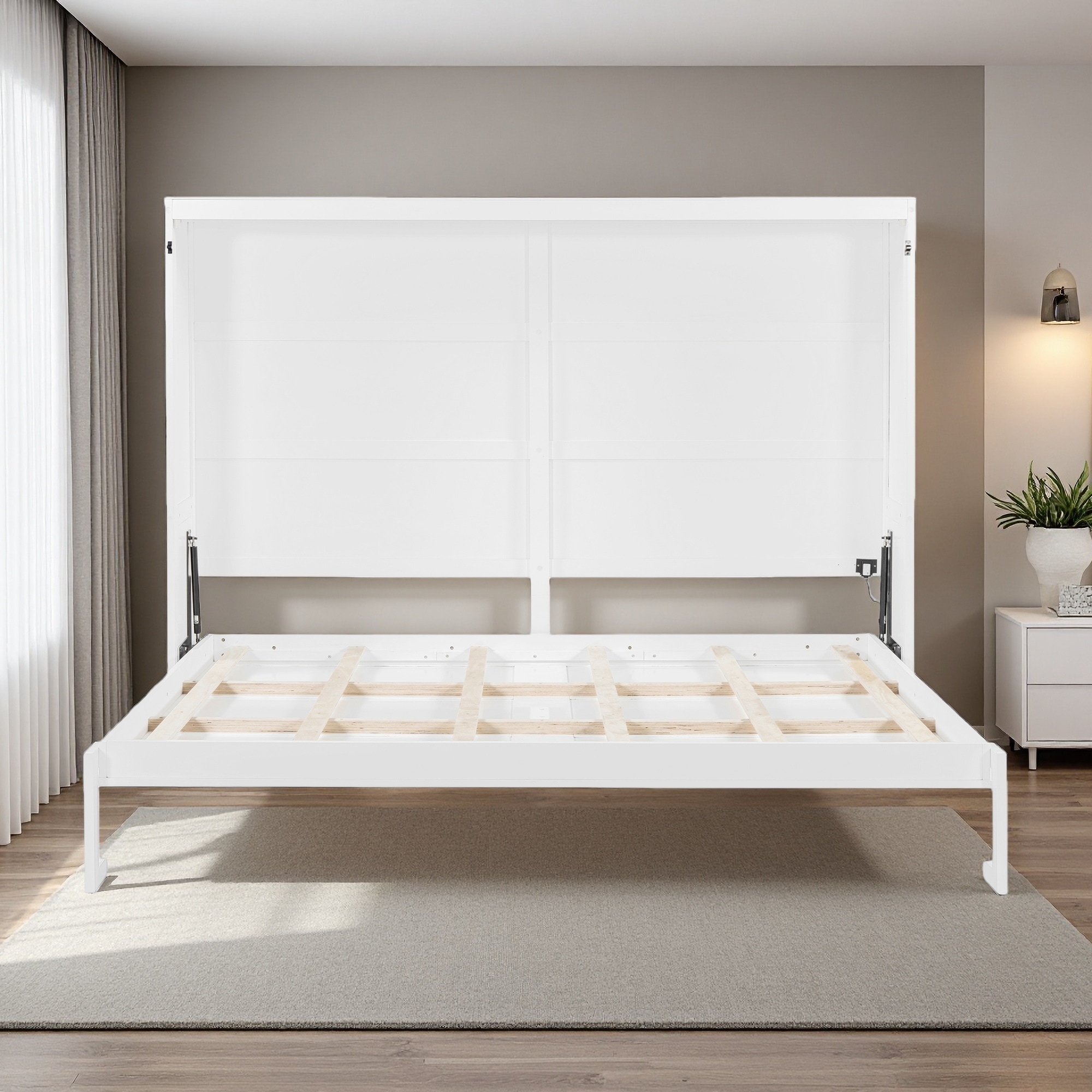 Queen Size Murphy Bed with LED Lights, Wall Bed with Multi-function, No Box Spring Needed, Mattress Support with Flexible Slats