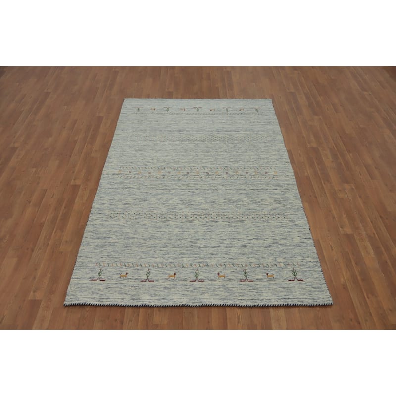 Hand Knotted Oriental 100% Wool Carpet Tribal Animal Pictorial Navy Blue & Blues Gabbeh Area Rug - 7' 9'' X 5' 1''