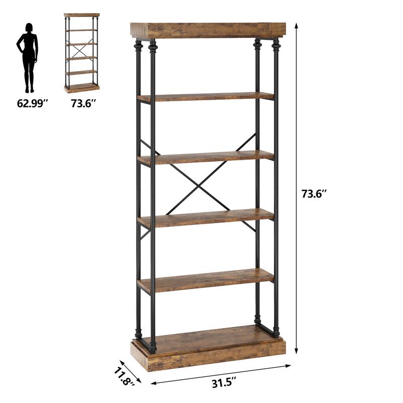 Bookshelf Industrial Bookcase 6 Tier Wood Storage