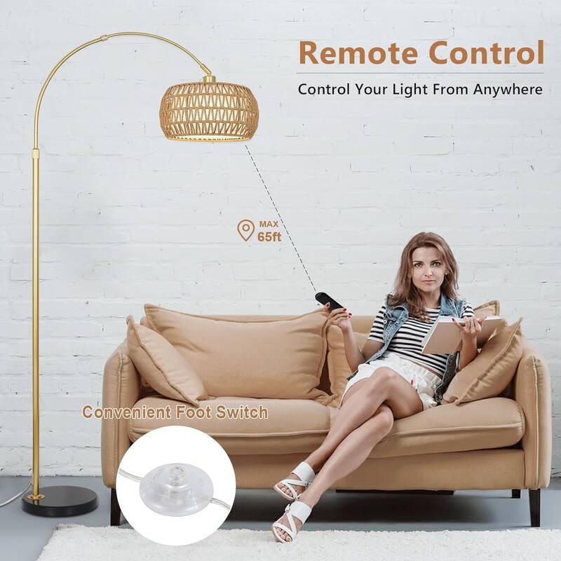 Arc Floor Lamp with Remote & Dimmable Bulb, Boho Rattan Standing lamp with 3 Color Temperatures, Height Adjustable Tall Lamp