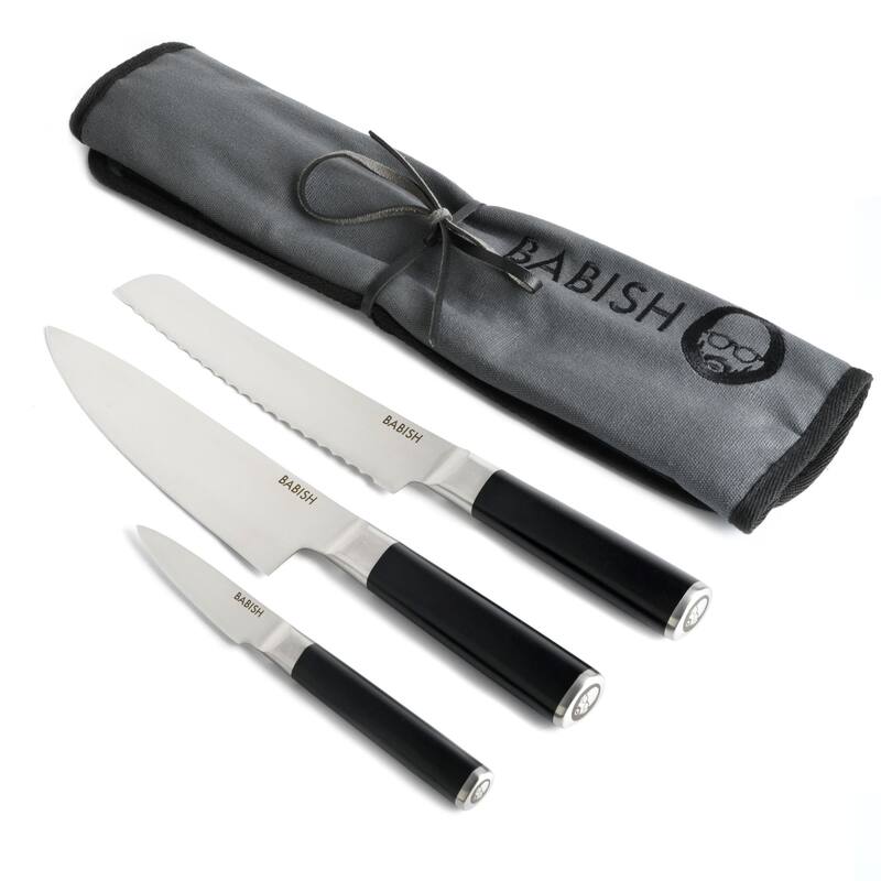 Babish German High-Carbon 1.4116 Steel Cutlery, 3-Piece (Chef Knife, Bread Knife, & Pairing Knife) w/Knife Roll - Black