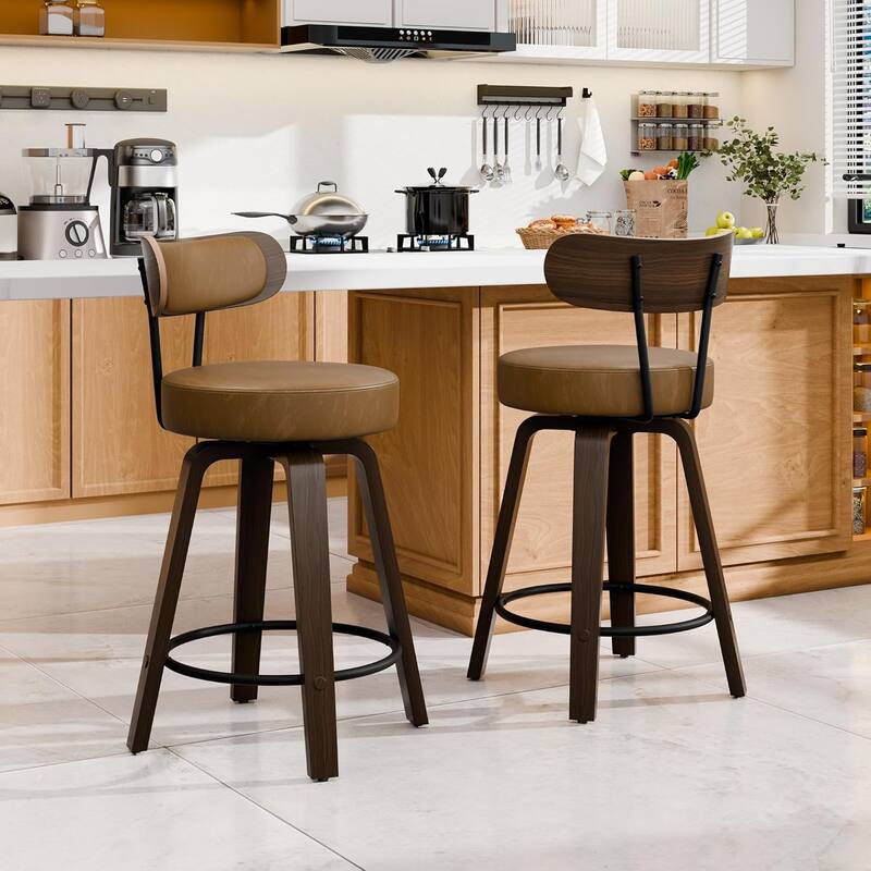 XINMICS 26 Inches Swivel Counter Height Bar Stools with Faux Leather Upholstered Pad Wood Back, Set of 2/3/4 - Set of 2 - Brown - Counter Height