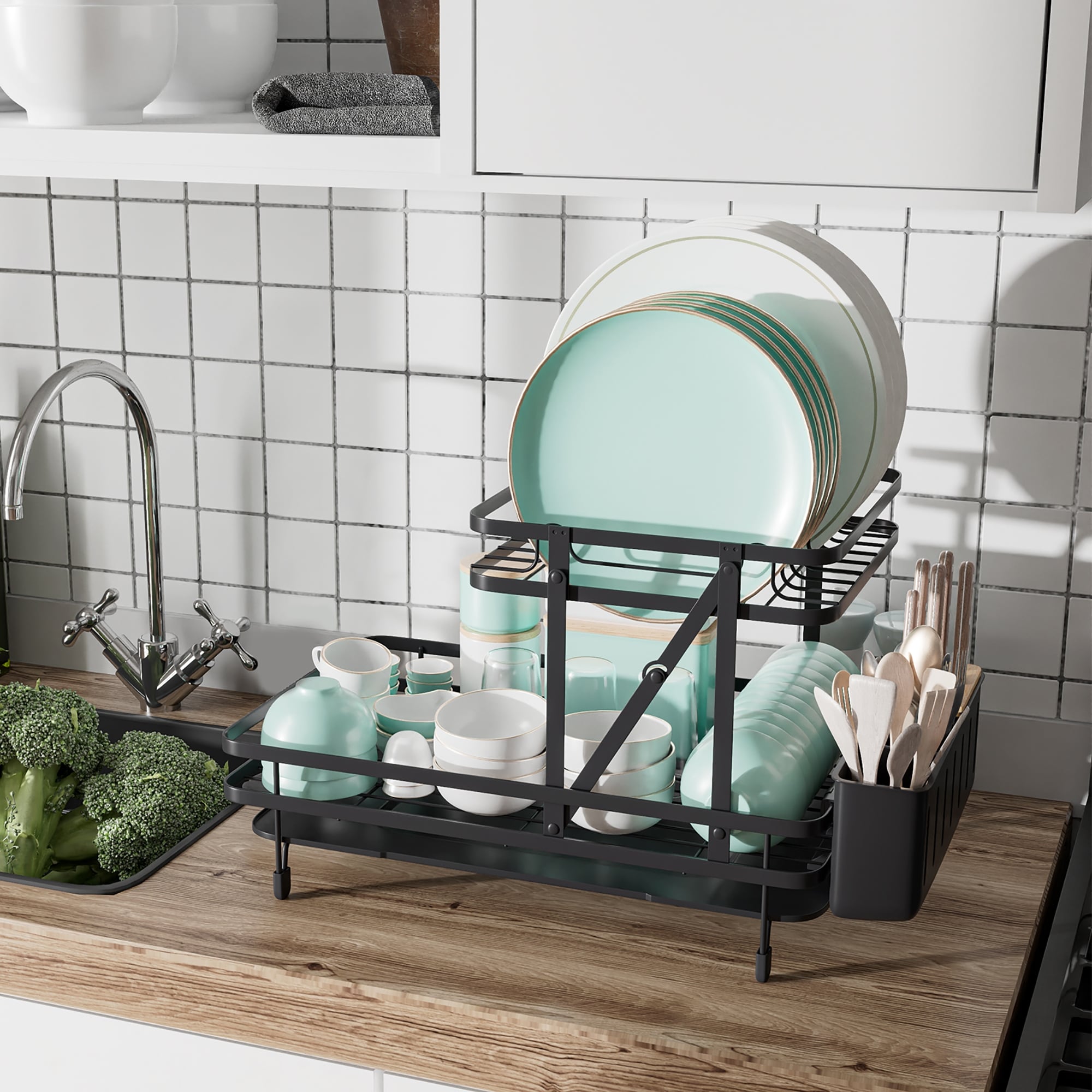 Dish Drying Rack, Expandable Dish Rack with Drainboard Spout in Sink, Small  Dish