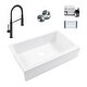 preview thumbnail 1 of 8, Grace Crisp White Fireclay 34″ Quick-Fit Farmhouse Apron Front Undermount Single Bowl Kitchen Sink with Bruton Black Faucet Kit
