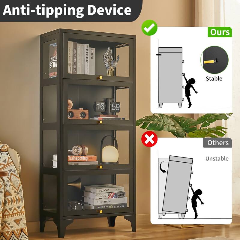 4/5-Tier Curio Display Cabinet with Glass Flip Doors & LED Light Strip