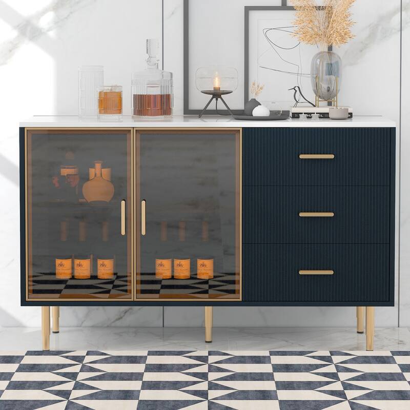 Anmytek Navy Blue Modern Sideboard Buffet Cabinet with Marble Tabletop, Amber Glass Doors and Gold Legs for Living Room