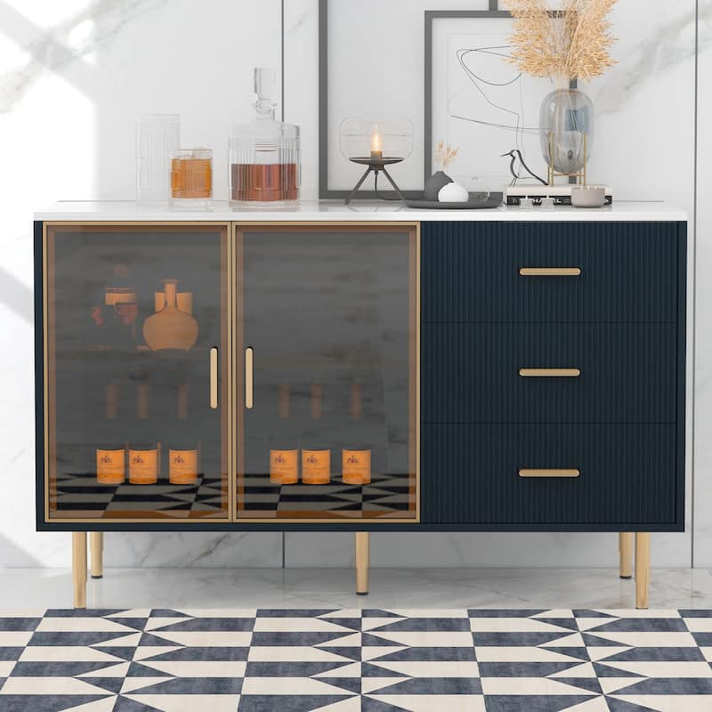 Buffet Cabinet with Marble Sticker Tabletop, Sideboard Cabinet with Tempered Glass Doors, Storage Cabinet with 3 Drawers