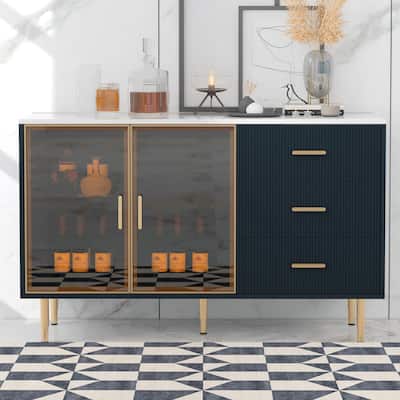 Contemporary MDF Buffet Cabinet with Tempered Glass Doors & Marble Top for Elegant Kitchen Storage