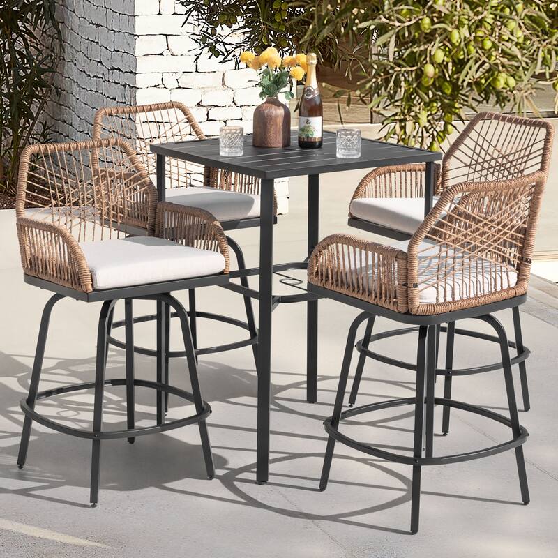 Swivel Patio Bar Set with Cushions, Handwoven Twisted Rattan Design