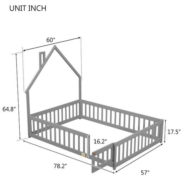 Full Pine Wood House-Shaped Headboard Floor Bed w/Fence & Guardrails