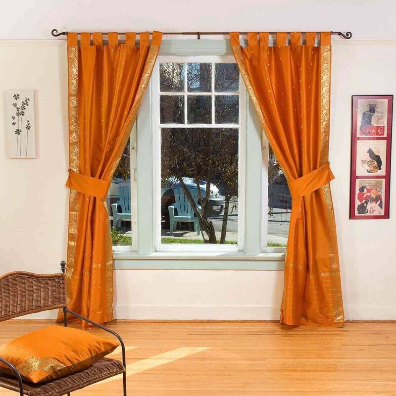 Indo Mustard Tab Top Sari Sheer Curtain (43 in. x 84 in.) with matching tieback - Orange - 84 Inches