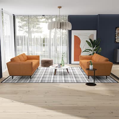 Florencia Mid Century Pillow Back Leather Sofa Set in Tan