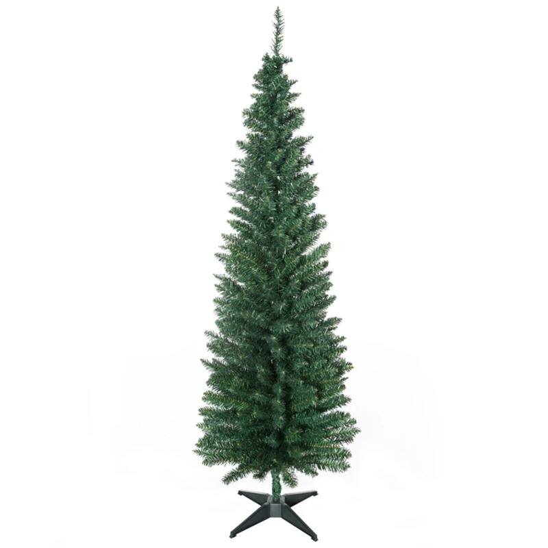 6 Foot Green Artificial Pencil Christmas Tree Unlit 390 Tips Slim Space Saving Plastic Metal Base - Dia 21.75" x 70.75" H