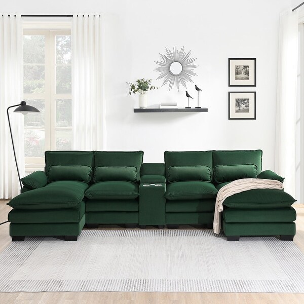 Green Velvet U shaped Sectional Sofa w Chaise Console 6 Seat Recliner Sofa Set w Cupholders USB Ports for Living Room Bed Bath Beyond 40834653