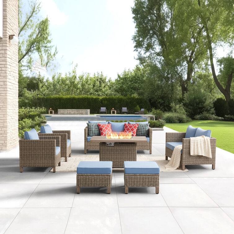9 - Person Outdoor Wicker Patio Conversation Furniture Set With Fire Pit Table
