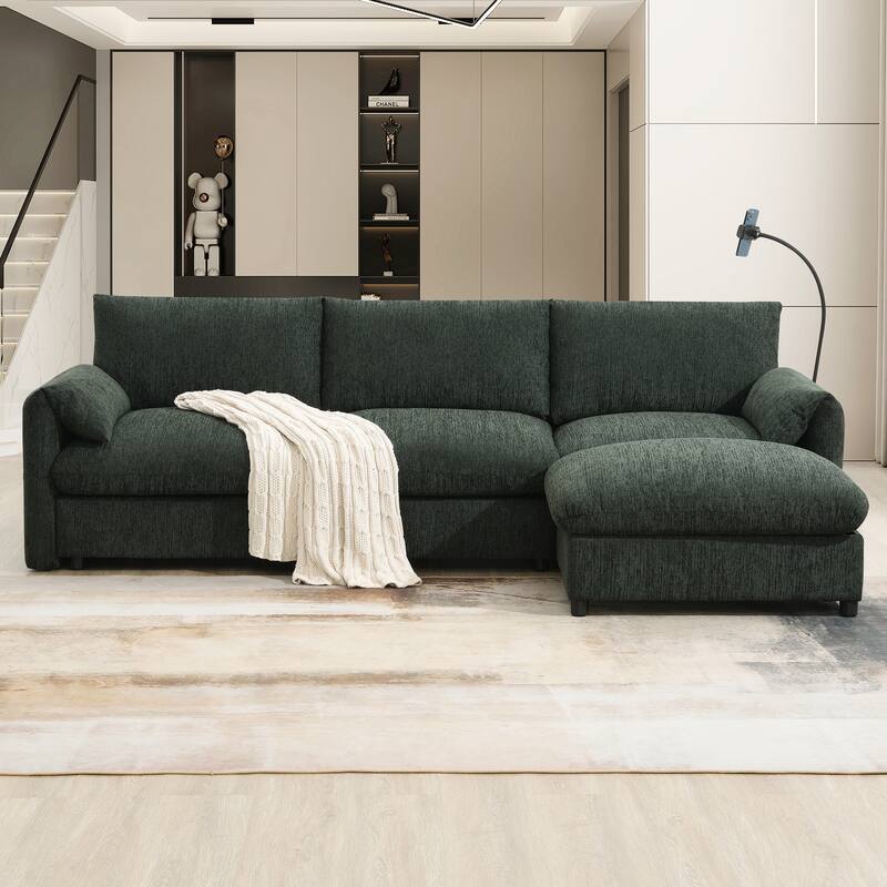 96.5'' 4-Seat Chenille Sectional Sofa, Storage Ottoman, Phone Holder, USB Charger, Green