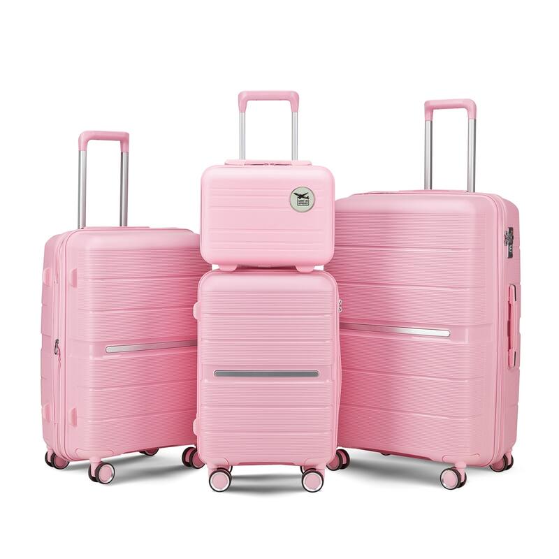 4 Piece Luggage Sets(14/20/24/28), PP Lightweight Expandable Suitcase Set with Spinner Wheels and TSA Lock - Pink