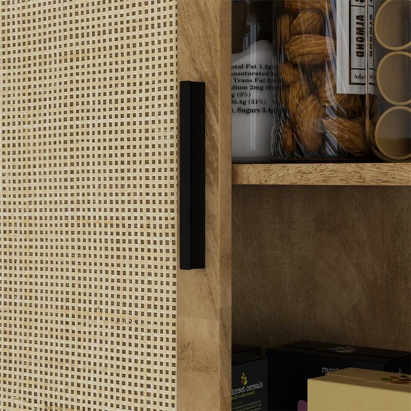 64" Rattan Kitchen Storage Cabinet with Adjustable Shelf, Natural