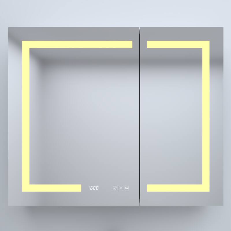 Rectangular Aluminum Recessed/Surface Mount Medicine Cabinet in Silver with Mirror LED and Clock