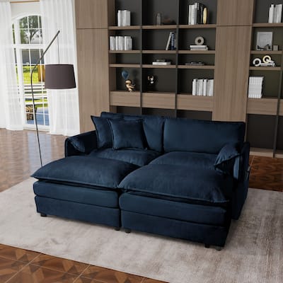 Deep Seat Modular Blue Sofa with 2 Ottomans & Pillows for Living Room