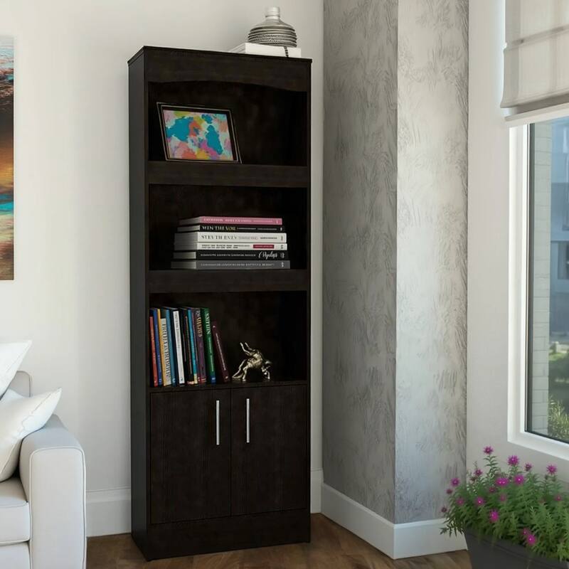 HomeRoots 71" Light Gray Wood Three Tier Bookcase with Two Doors