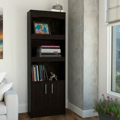 HomeRoots 71" Light Gray Wood Three Tier Bookcase with Two Doors