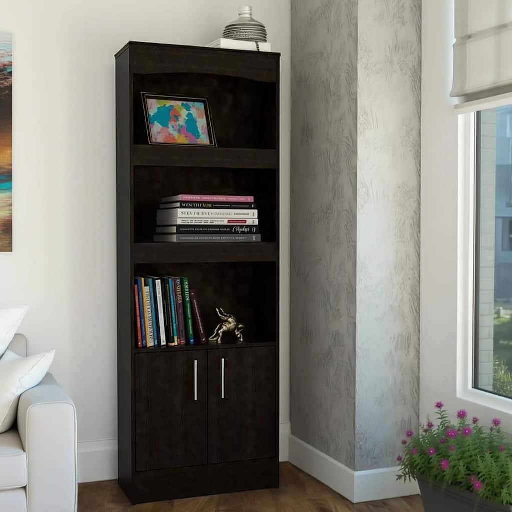 HomeRoots 71" Light Gray Wood Three Tier Bookcase with Two Doors