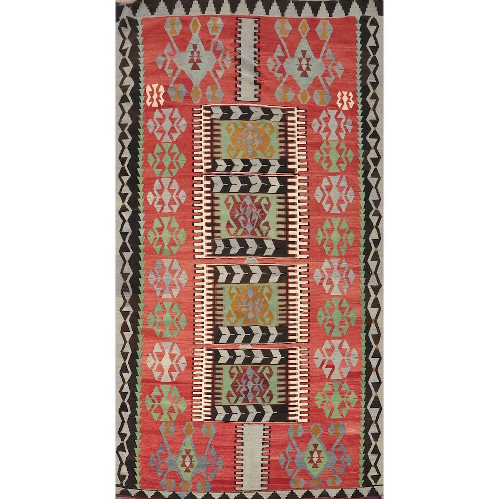 Hand Woven Oriental 100% Wool Carpet Southwestern Tribal Oranges & Rust Kilim Area Rug - 11' 3'' X 5' 9''