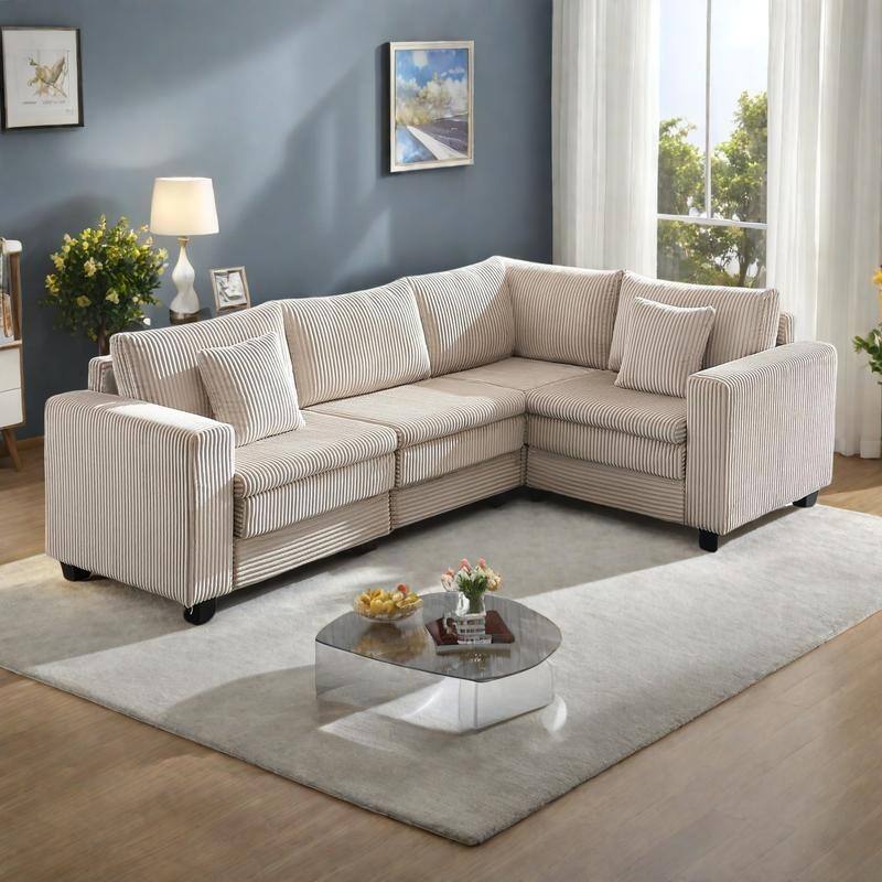 98" Corduroy L-Shaped 3-Seater Sectional Sofa with Deep Seat and Modular Design - Beige