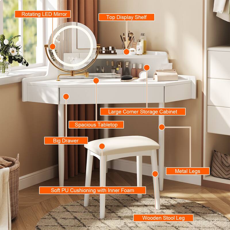 Bedroom Corner Makeup Vanity Desk with Makeup Stool & 360° Rotating LED Mirror, White